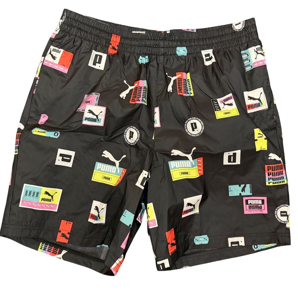 Puma Mens XL Black Multi-Color Graphic Logo Ripstop Mesh Lined Athletic Shorts